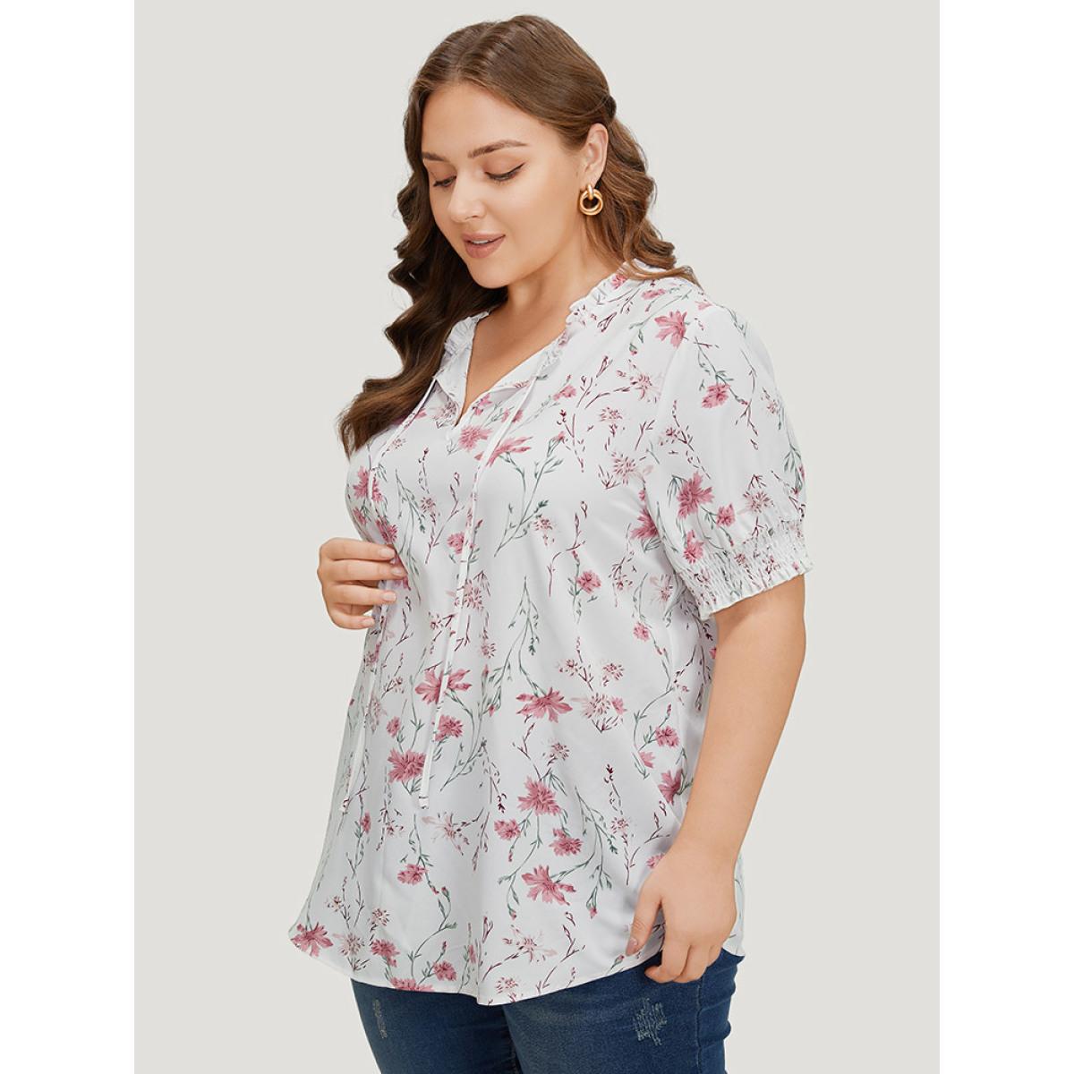 Plus Size White Floral Knot Frill Trim Shirred Lantern Sleeve Blouse Women Elegant Short sleeve Tie Neck Dailywear Blouses BloomChic 18-20/2X Product Image