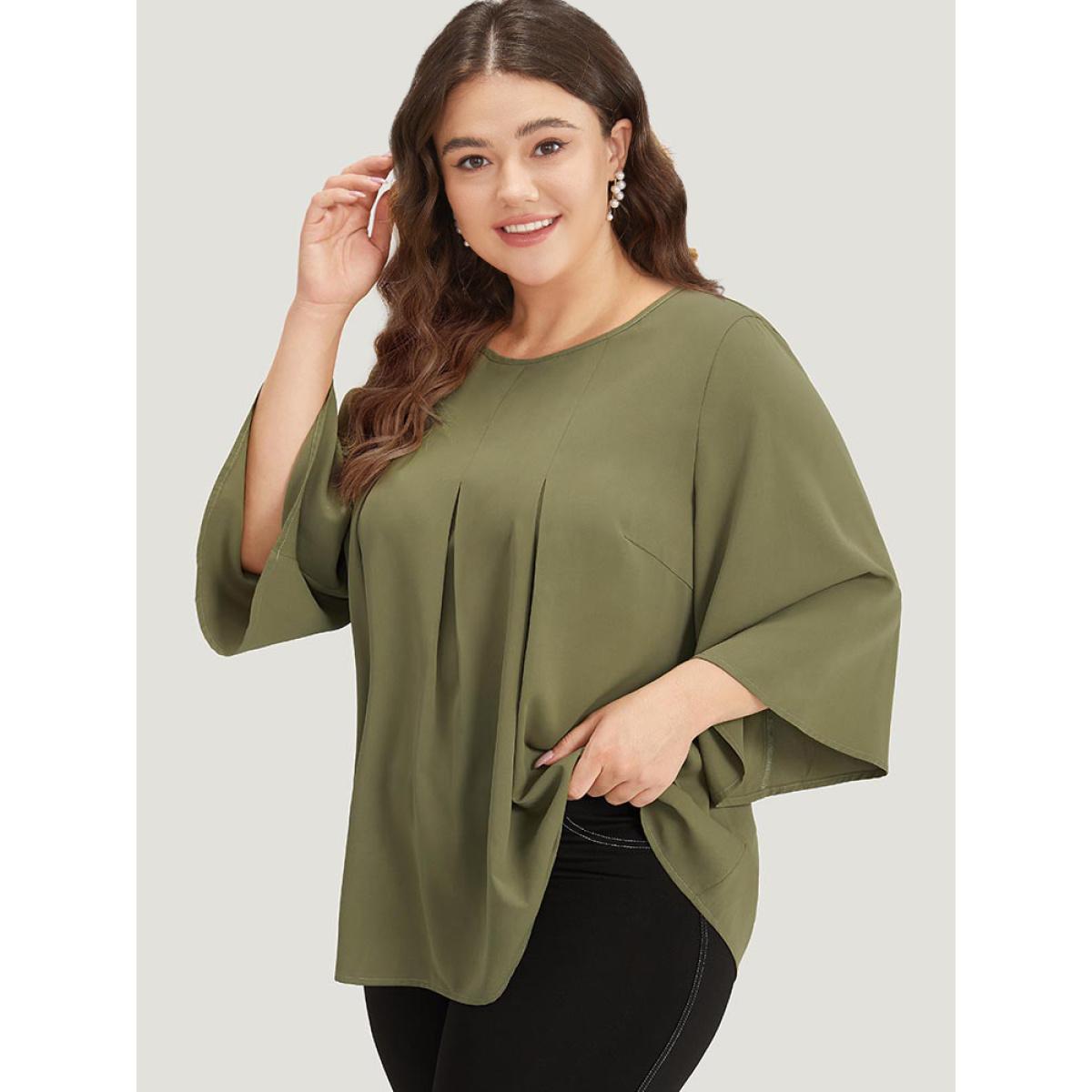Plus Size ArmyGreen Plain Pleated Detail Bell Sleeve Blouse Women Office Elbow-length sleeve Round Neck Office Blouses BloomChic 14-16/1X Product Image