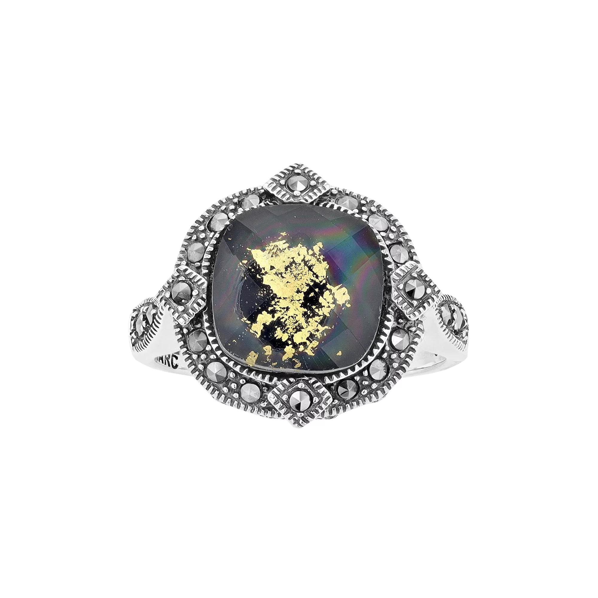 Lavish by TJM Sterling Silver Crystal Gold Leaf Black Onyx Doublet & Marcasite Cushion Ring, Women's, Size: 9 Product Image