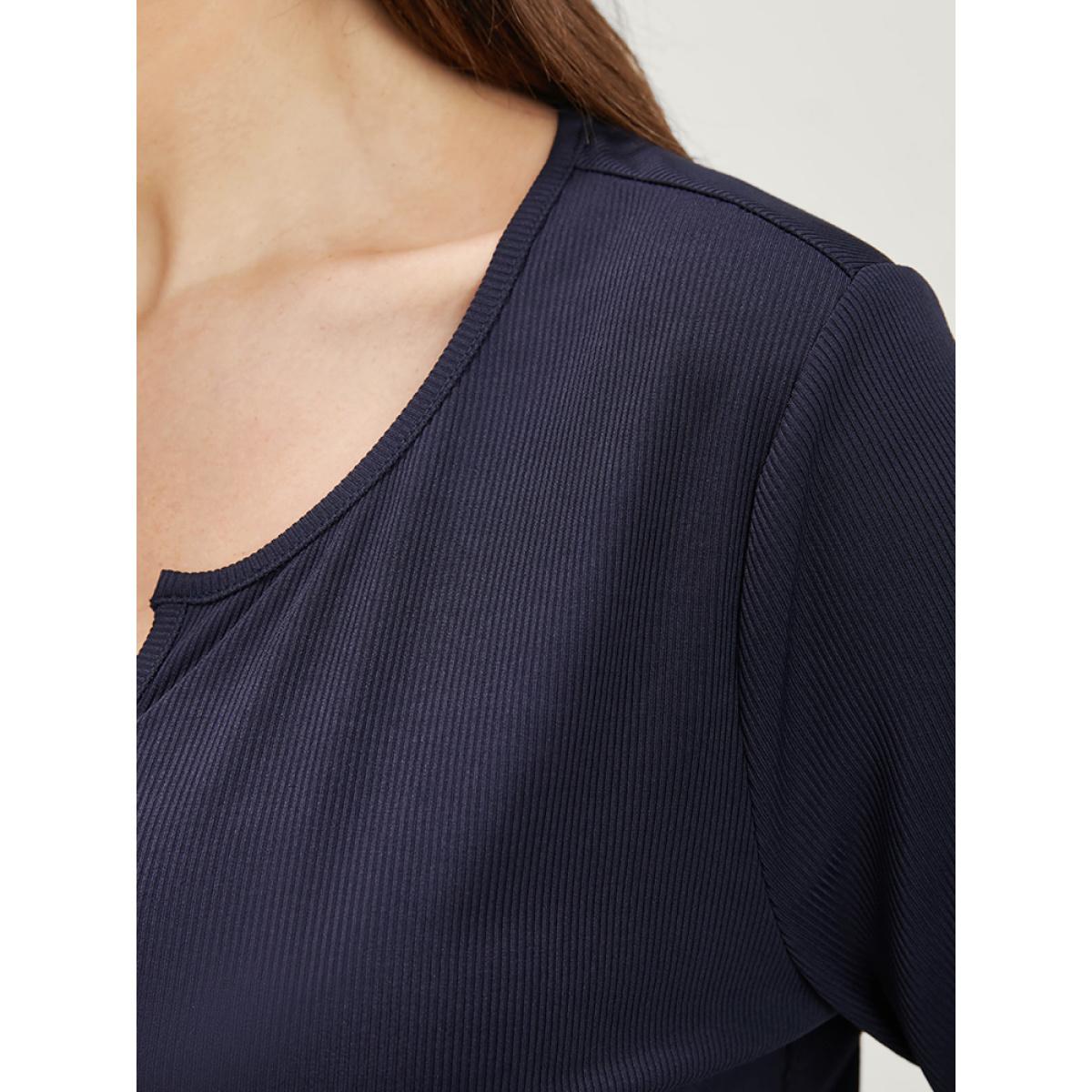 Plus Size Solid Notched Rib Knit Long Tee Midnight Women Elegant Plain V-neck Dailywear T-shirts BloomChic 18-20/2X Product Image