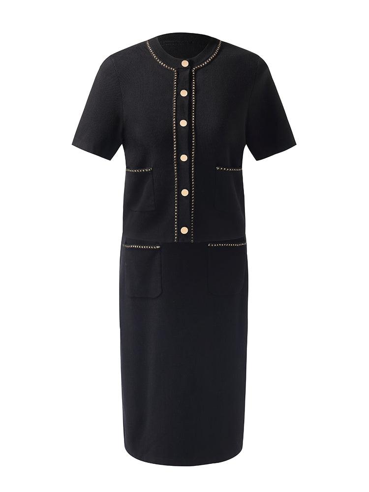 Chain Trim Knitted Jacket And Vest Dress Two-Piece Set Product Image