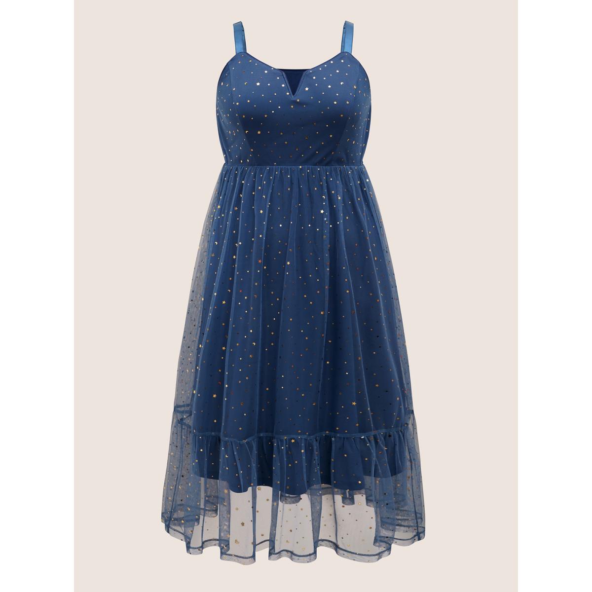 Plus Size Moon & Star Sequin Layered Hem Notched Cami Dress DarkBlue Women Cocktail Non Notched collar Sleeveless Curvy Midi Dress BloomChic 22-24/3X Product Image