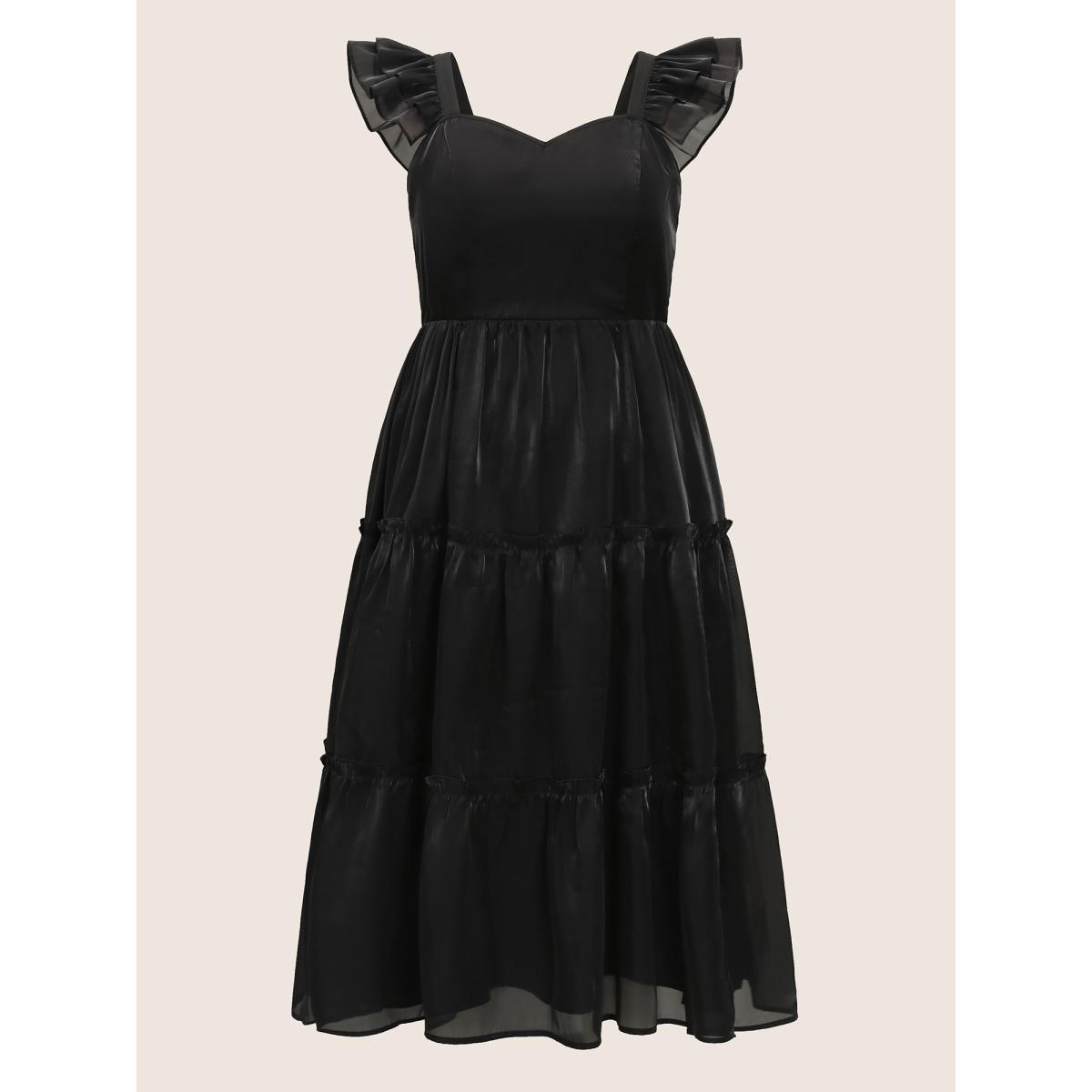 Plus Size Organza Heart Neckline Ruffle Trim Maxi Dress Black Women Formal See through Non Cap Sleeve Curvy BloomChic 22-24/3X Product Image