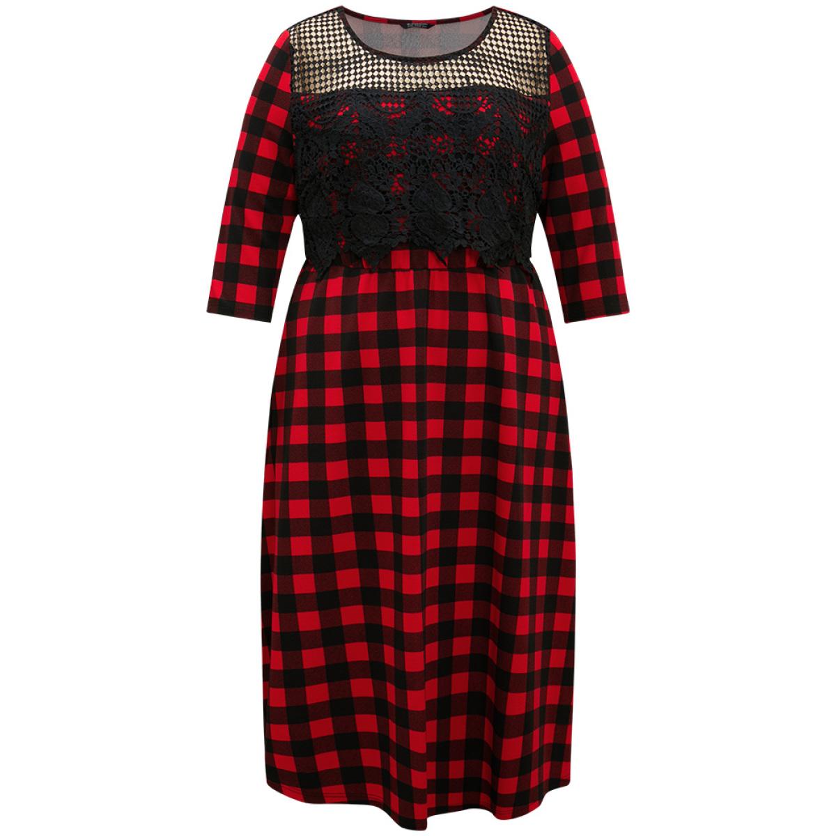 Plus Size Christmas Plaid Crochet Lace Mesh Cut Out Dress Raspberry Women Office See through Round Neck Elbow-length sleeve Curvy Midi Dress BloomChic 14-16/1X Product Image