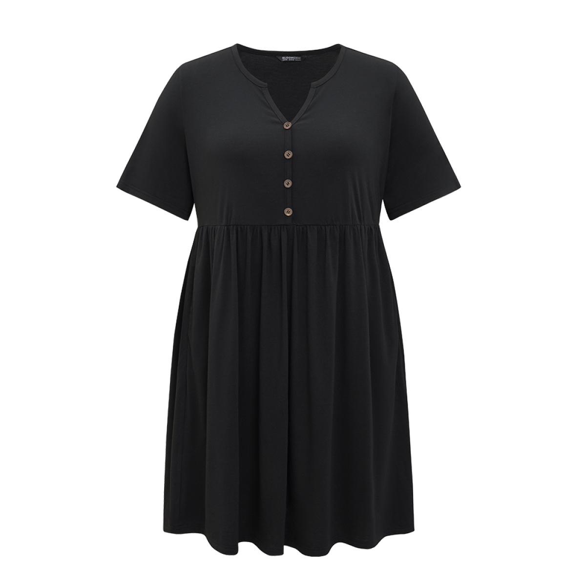 Plus Size Solid Notched Pocket Flutter Hem Dress Black Women Casual Elastic Waist Notched collar Short sleeve Curvy Midi Dress BloomChic 28/5X Product Image