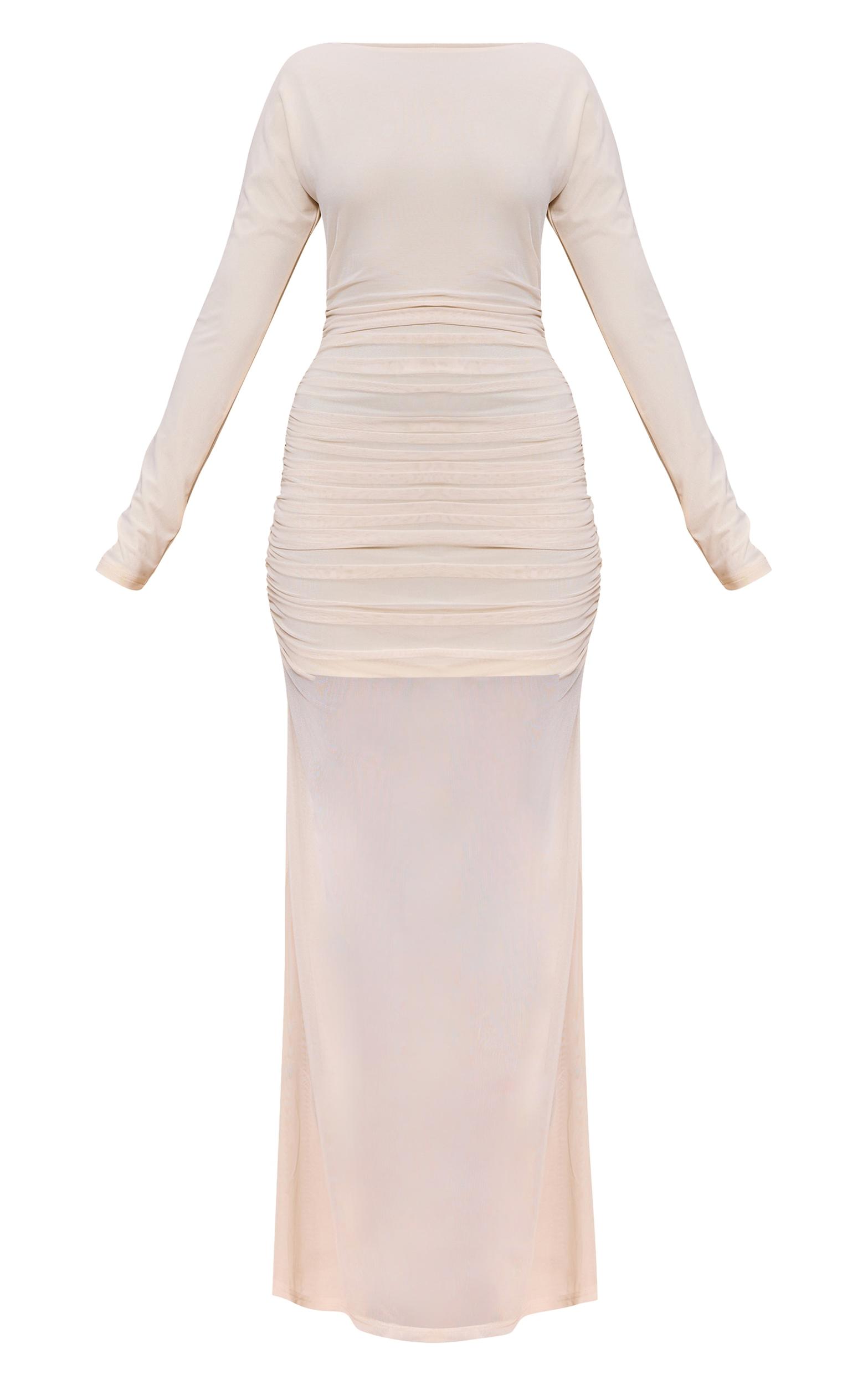 Cream Ruched Long Sleeve Maxi Dress Product Image
