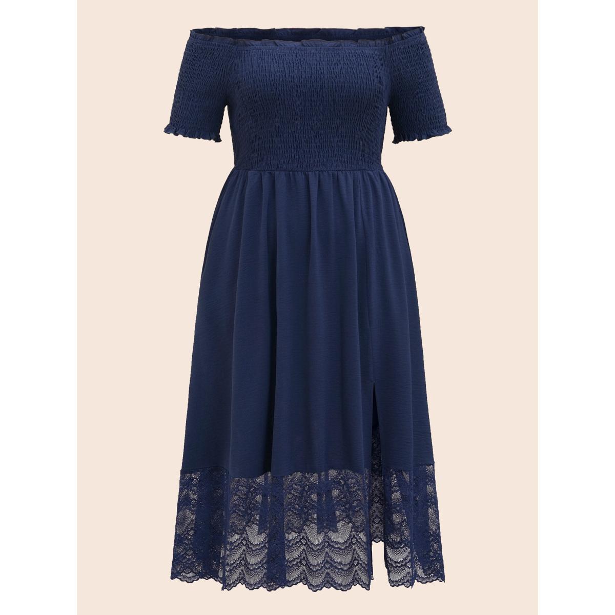 Plus Size Off Shoulder Shirred Lace Patchwork Dress Indigo Women Elegant Woven ribbon&lace trim One-shoulder neck Short sleeve Curvy BloomChic 12/L Product Image