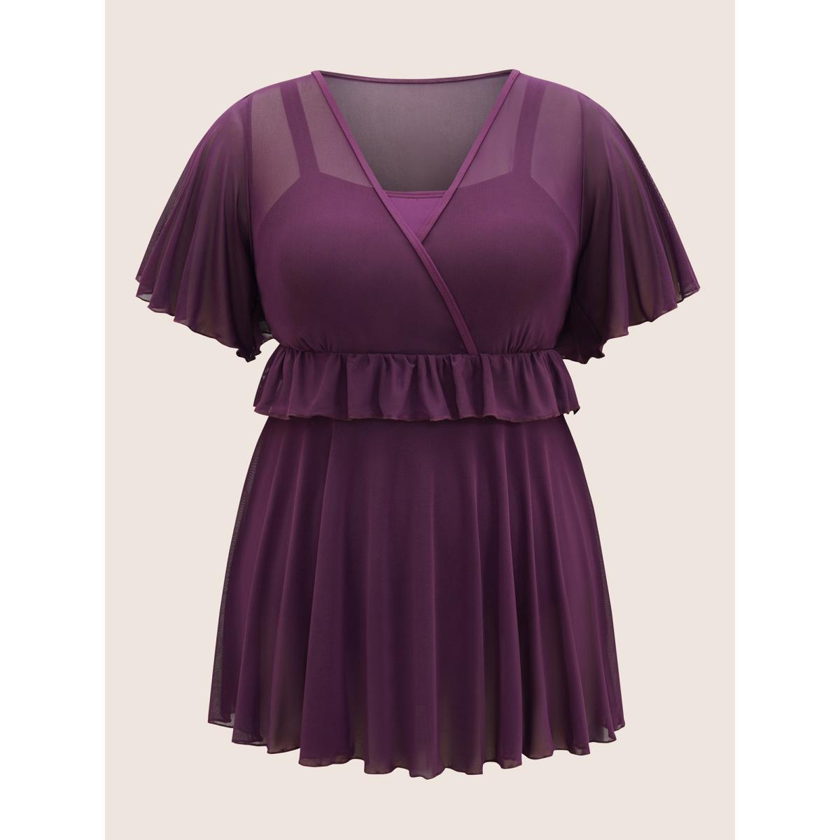 Plus Size Layered Ruffle Trim Mesh Swim Dress Women's Swimwear Eggplant Beach Skinny V-neck High stretch Curve Swim Dresses BloomChic 10/M Product Image