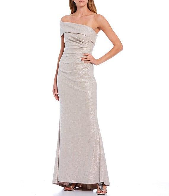 Eliza J Off-the-Shoulder Short Sleeve Side Ruched Foiled Knit Sheath Gown Product Image