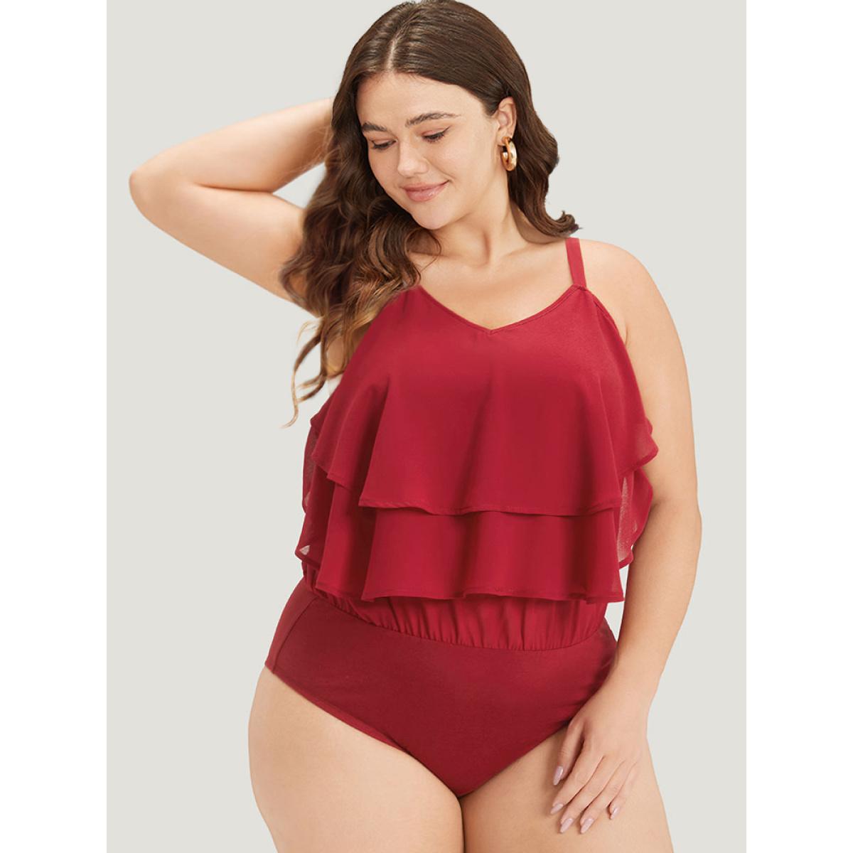 Plus Size Plain Flutter Trim Tiered Cami Bodysuit Women Red Plain Plain Bodysuits BloomChic 30/6X Product Image