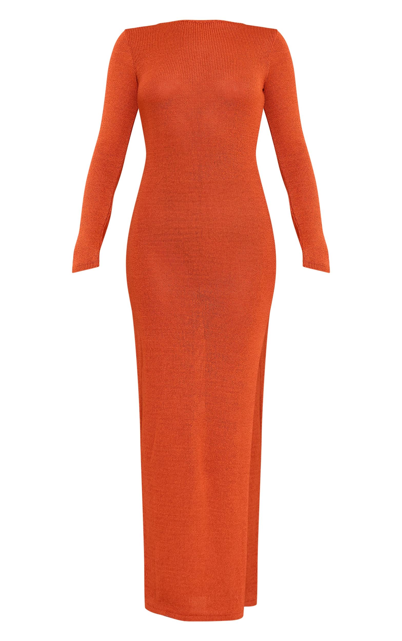 Petite Burnt Orange Open Tie Back Long Sleeve Knitted Maxi Dress Product Image
