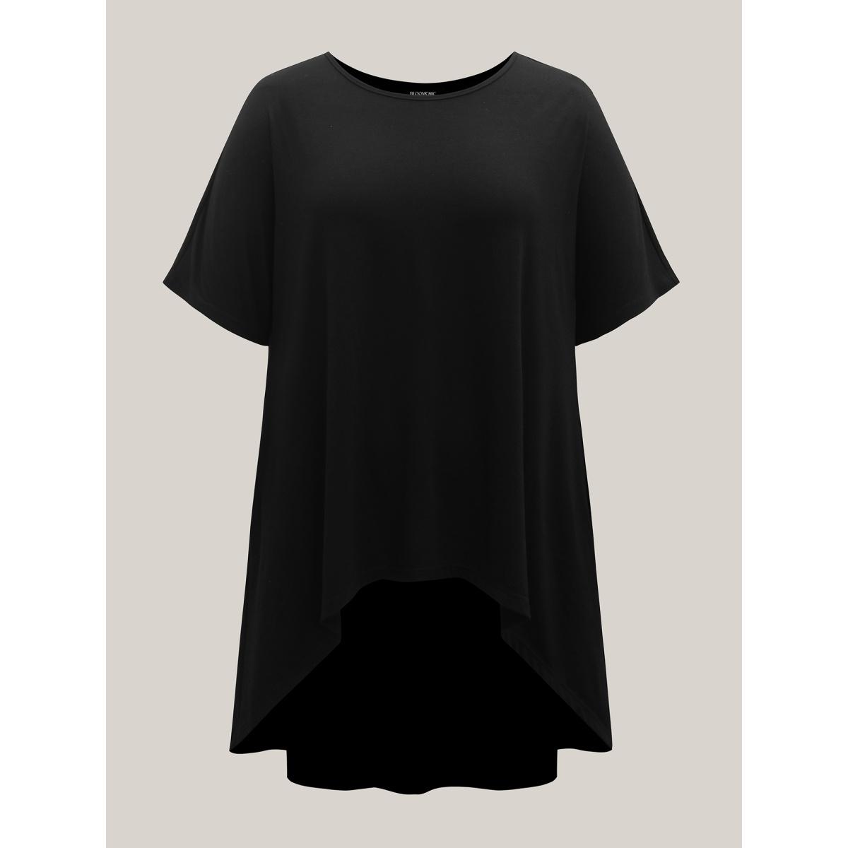 Plus Size Supersoft Stretchy High-Low Hem T-Shirt Black Women Leisure Non Round Neck Loose Casual T-shirts BloomChic 22-24/3X Product Image
