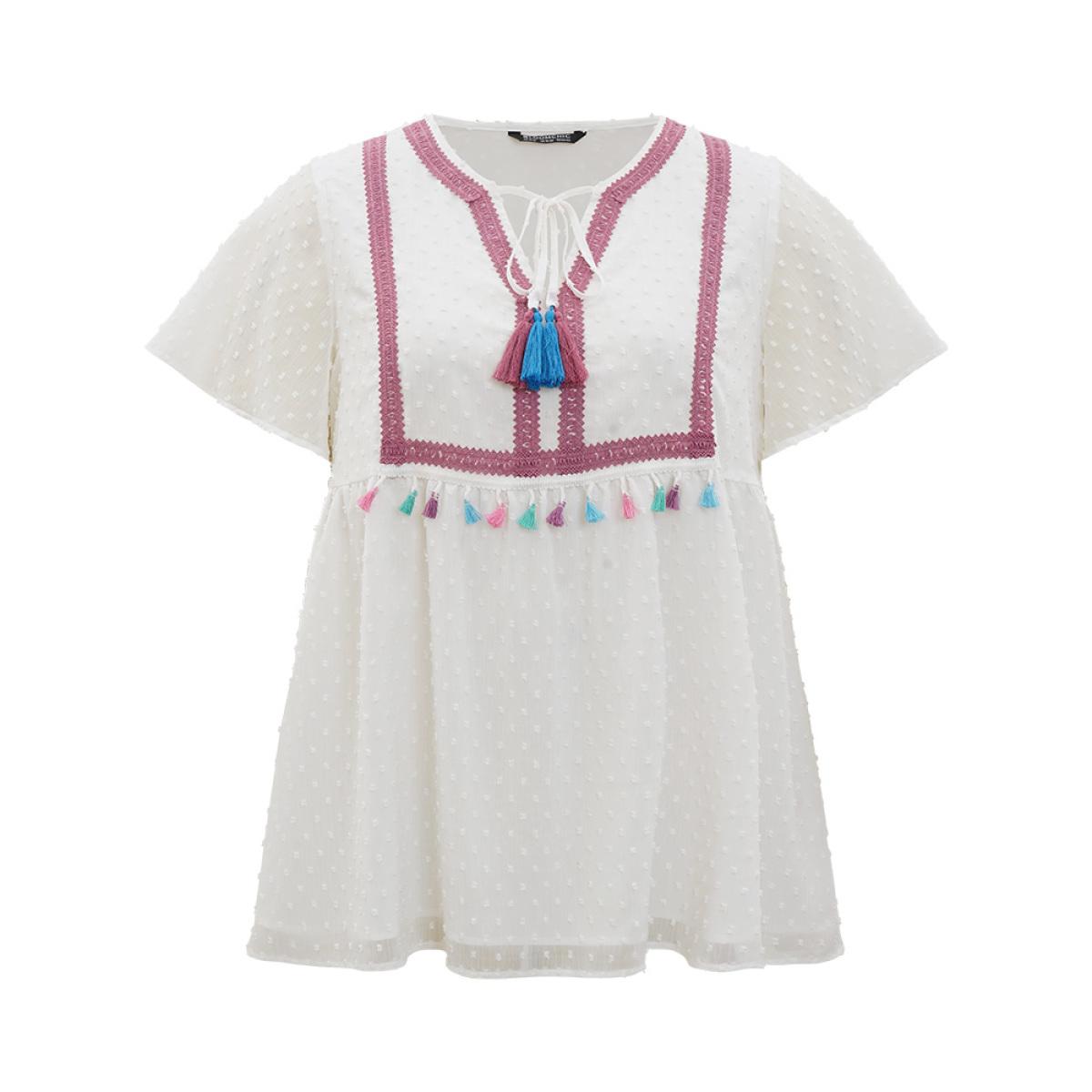 Plus Size White Polka Dot Tassels Ties Mesh Patchwork Contrast Blouse Women Vacation Short sleeve V-neck Dailywear Blouses BloomChic 10/M Product Image