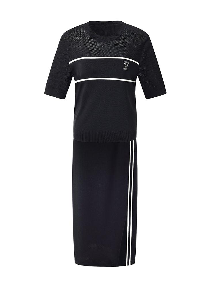 Contrast Stitch Knit Top And Skirt Two-Piece Set Product Image