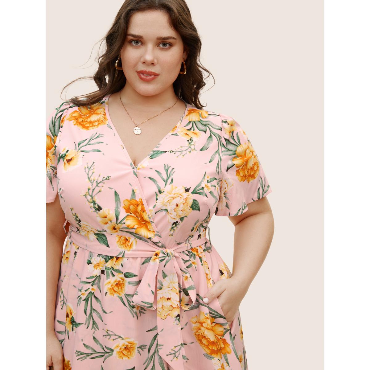Plus Size Floral Surplice Neck Pocket Belted Dress Blush Women Elegant Tie knot V-neck Short sleeve Curvy BloomChic 12/L Product Image