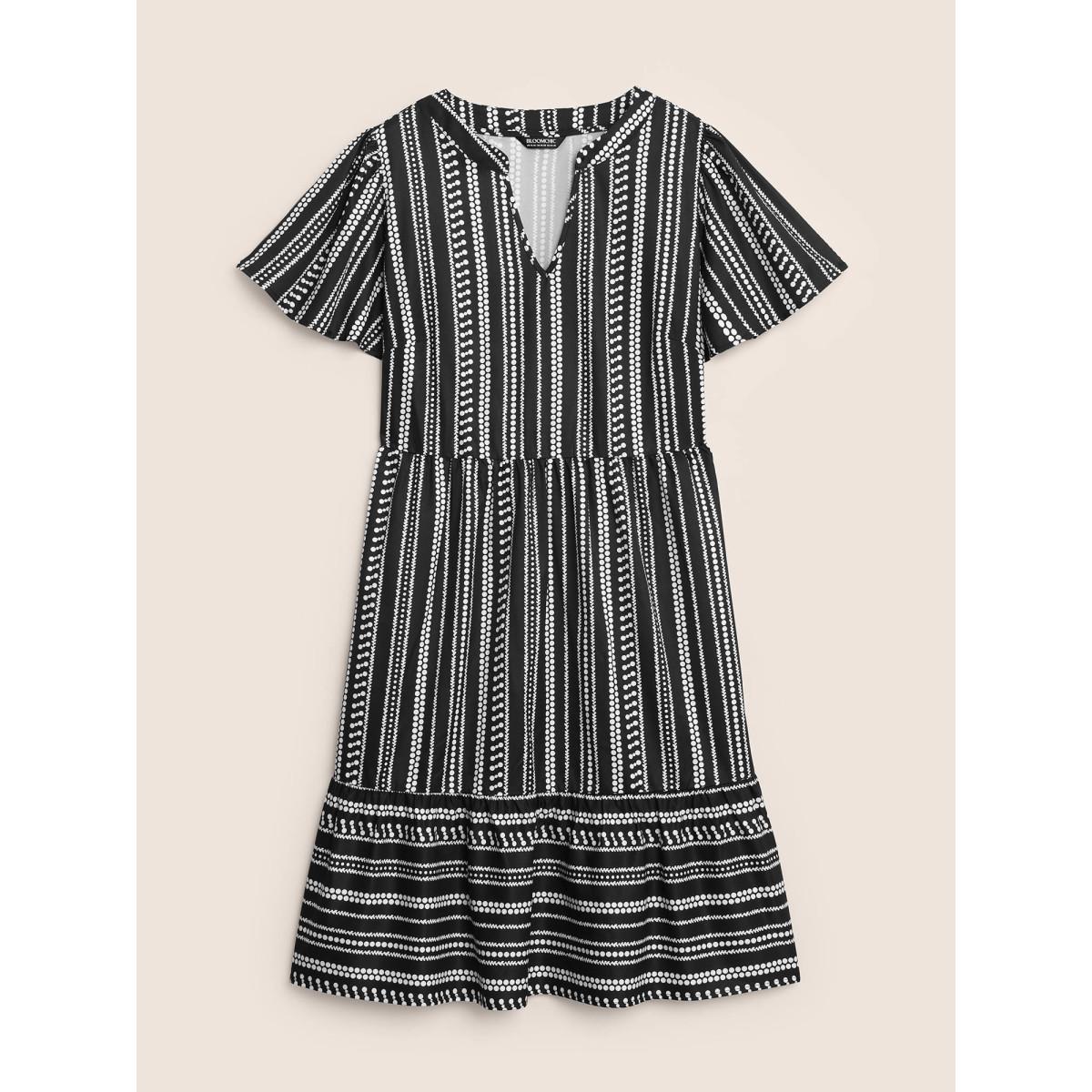 Plus Size Striped Elastic Waist Ruffle Sleeve Dress Black Women Work From Home Ruffles Flat collar with V-notch Short sleeve Curvy BloomChic 14-16/1X Product Image