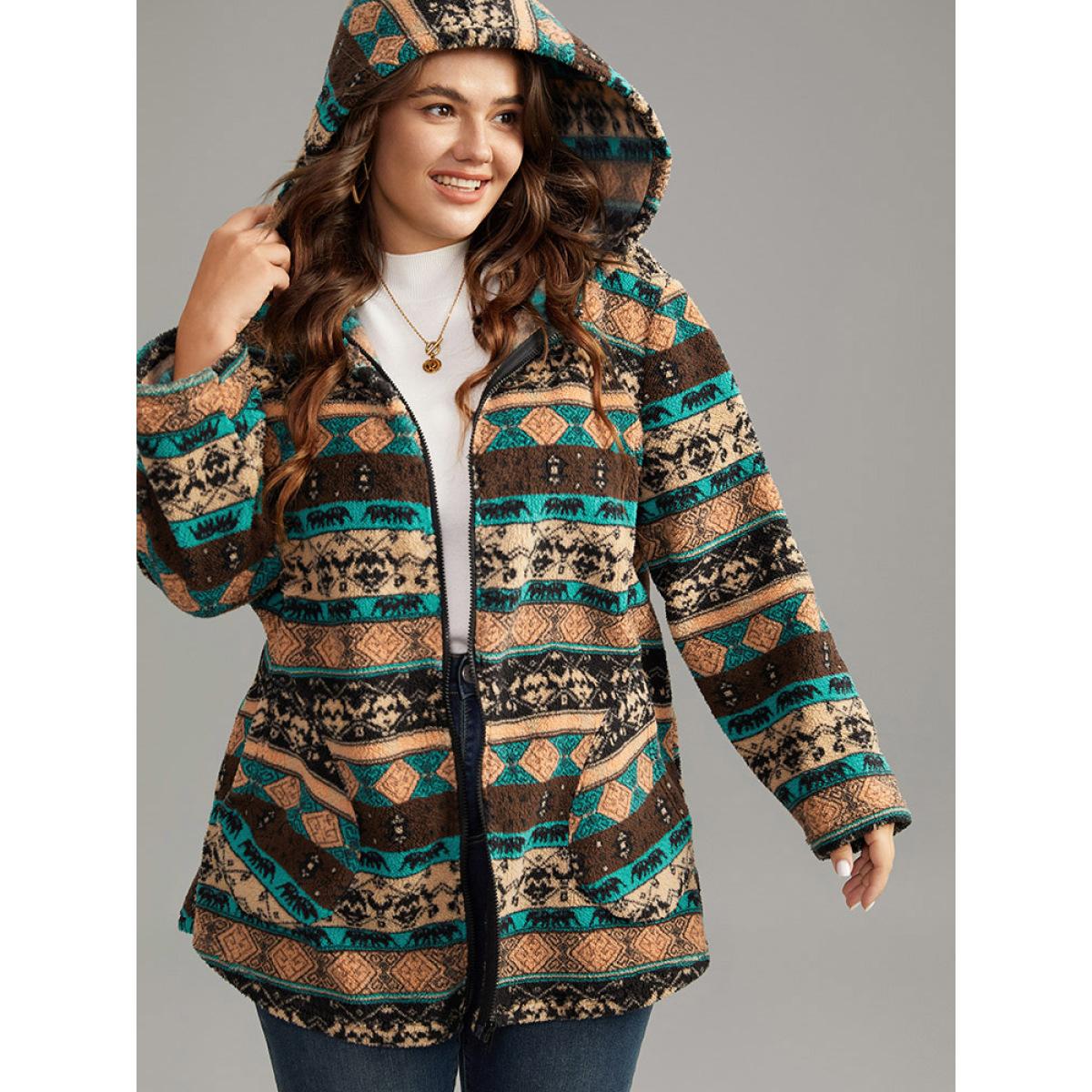 Plus Size Boho Print Zipper Pocket Hooded Jacket Women Salmon Zipper Pocket Dailywear Jackets BloomChic 22-24/3X Product Image