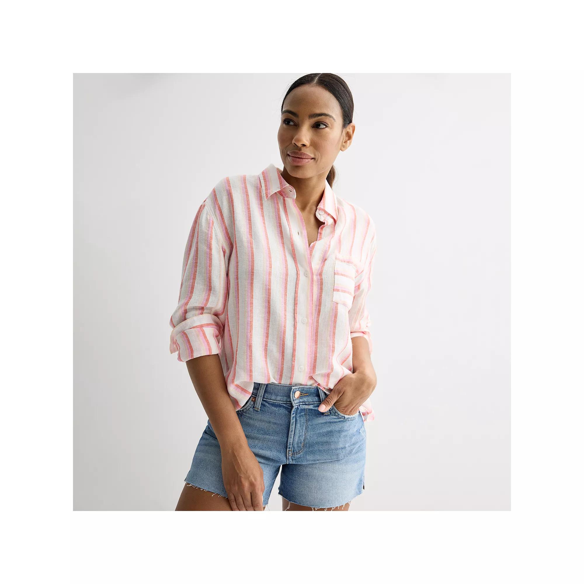 Petite Sonoma Goods For Life® Linen Boyfriend Shirt, Women's, Size: XXL Petite, Multi Pink Stripe Product Image