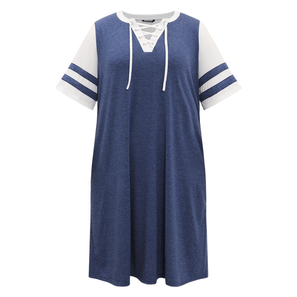Plus Size Supersoft Essentials Striped Pocket Patchwork Lace Up Dress Indigo Women Casual Cross straps V-neck Short sleeve Curvy Knee Dress BloomChic 22-24/3X Product Image