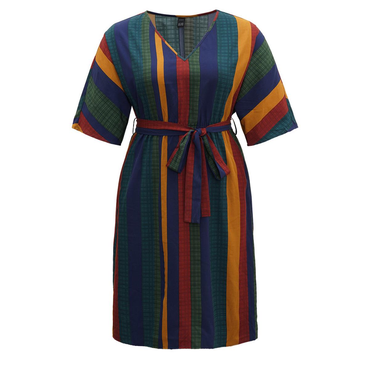 Plus Size Colour Striped Contrast Belted Dress Multicolor Women Office Belted V-neck Half Sleeve Curvy Midi Dress BloomChic 22-24/3X Product Image