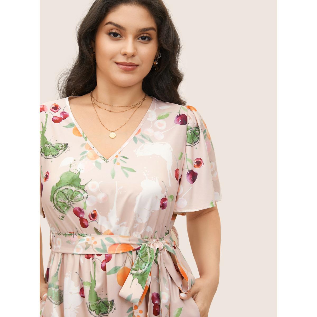Plus Size Citrus Fruits Print Elastic Waist Belted Pocket Dress Apricot Women Elegant Non V-neck Short sleeve Curvy Midi Dress BloomChic 28/5X Product Image