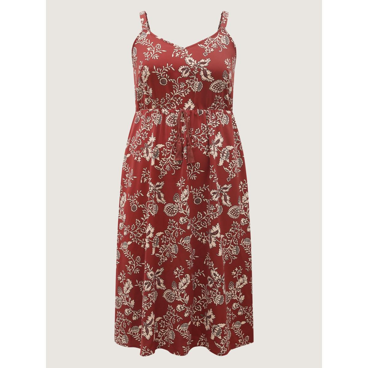 Plus Size Floral Waist-Tie Pockets Midi Dress Rust Women Boho Heart neckline Sleeveless Curvy BloomChic 26/4X Product Image