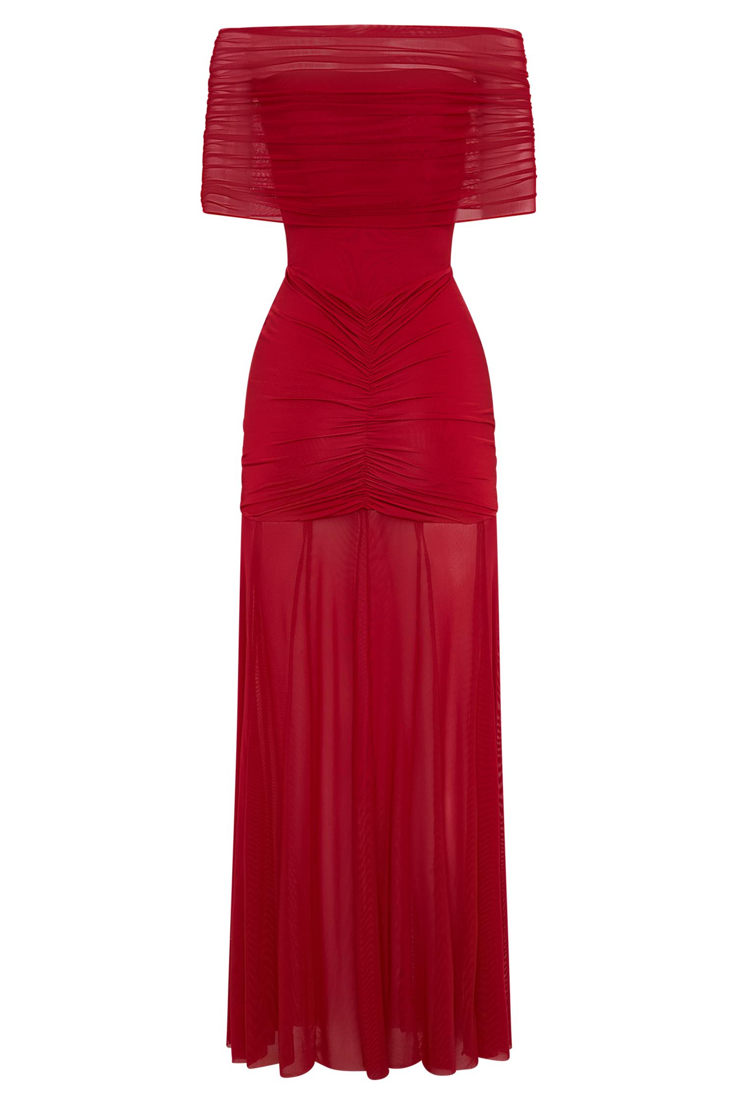 Caspian Slinky And Mesh Off Shoulder Maxi Dress - Ruby Product Image