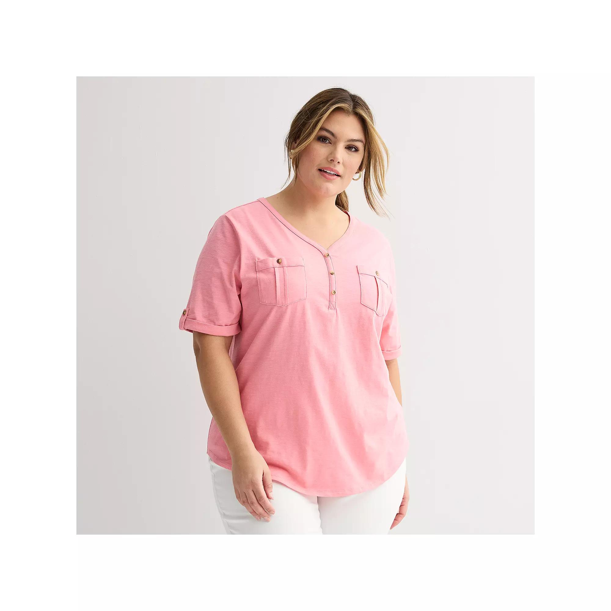 Plus Croft & Barrow® Elbow Sleeve Utility Henley Top, Women's, Size: 0X, Pink Lipstick Product Image