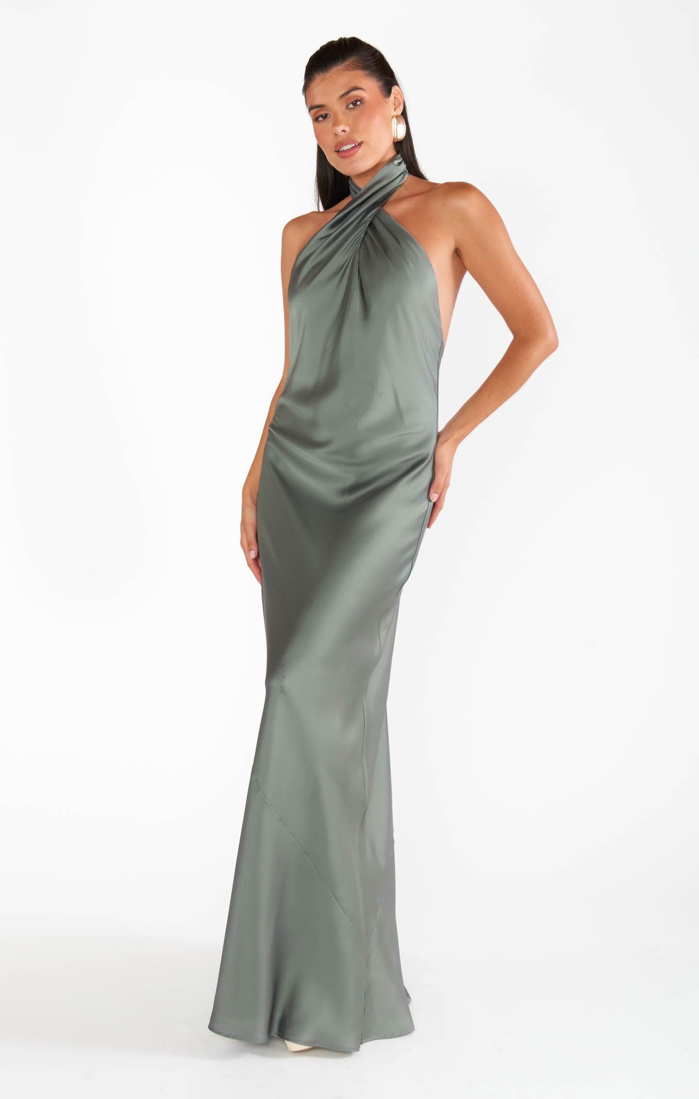 Jasmine Halter Maxi Dress ~ Deep Sage Luxe Satin Product Image