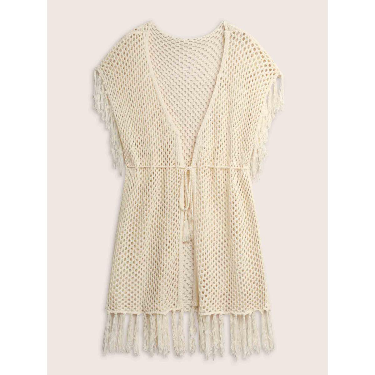 Plus Size Solid Cut Out Drawstring Tassel Trim Swim Cover Up Women's Swimwear Ivory Beach Tassels Curve Swim Cover Ups BloomChic 28/5X Product Image