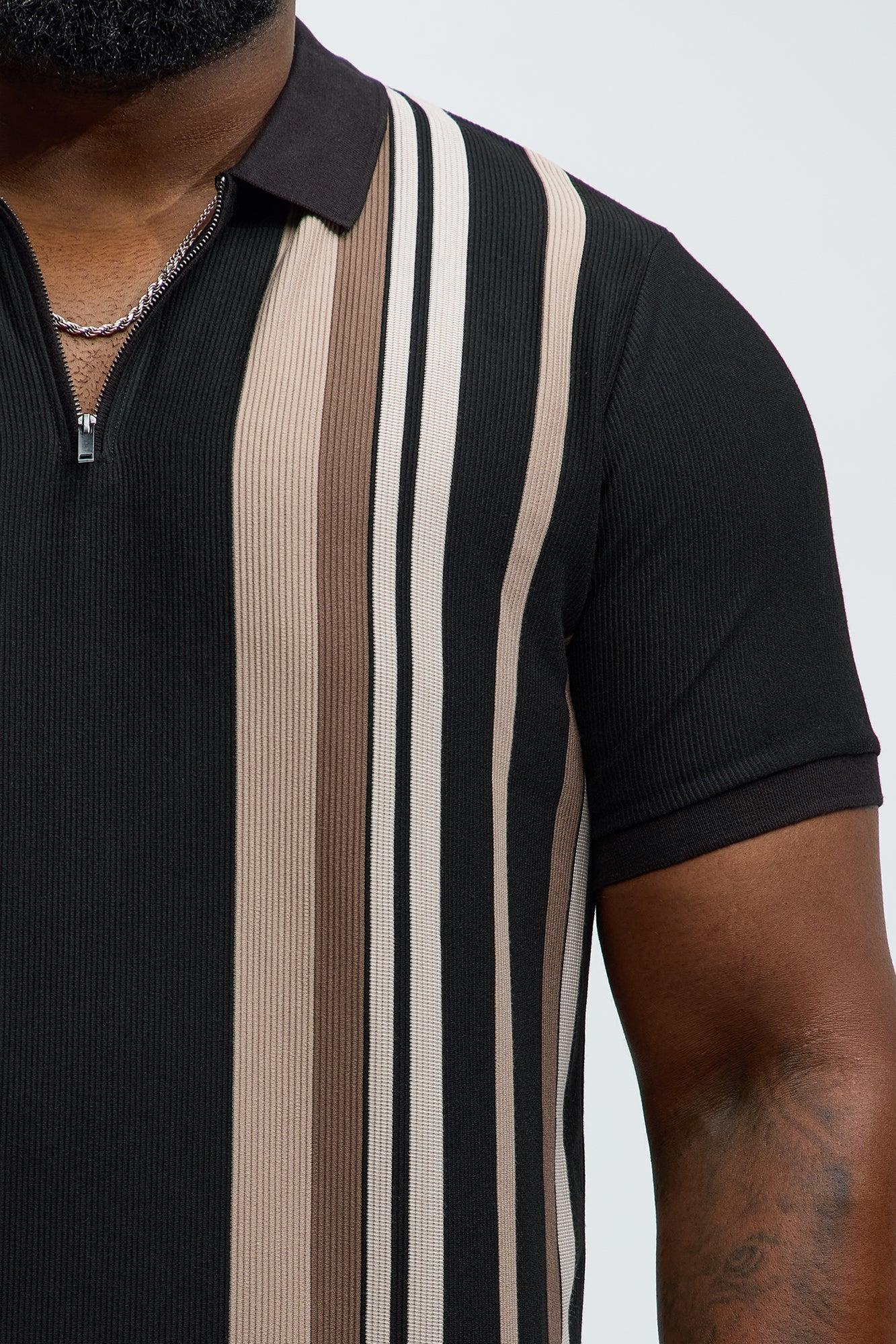 Textured Striped Quarter Zip Polo - Black Product Image