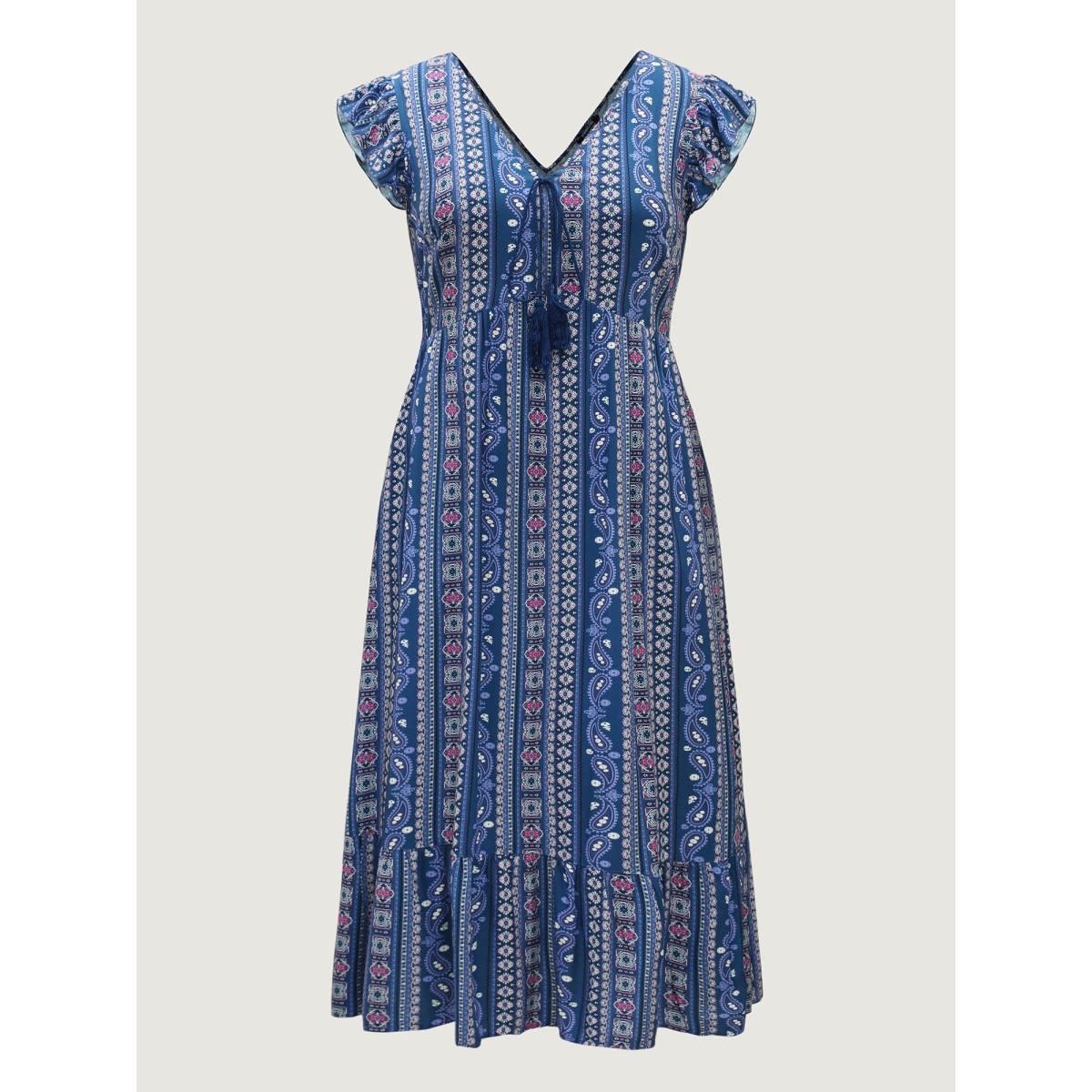 Plus Size Boho Stripes High Waisted Midi Dress DarkBlue Women Boho V-neck Sleeveless Curvy BloomChic 18-20/2X Product Image