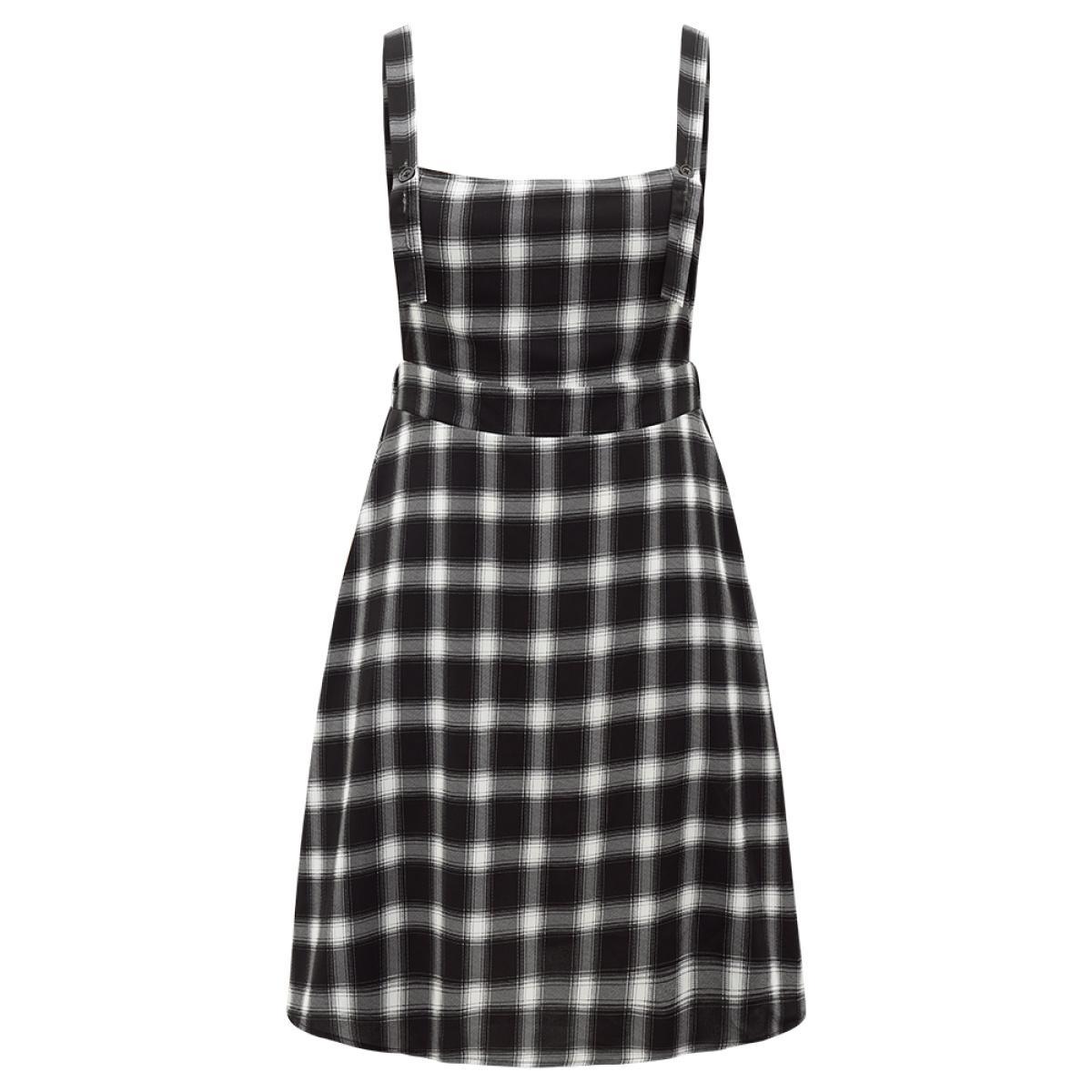 Plus Size Plaid Pocket Elastic Waist Overall Cami Dress Black Women Casual Adjustable Straps Spaghetti Strap Sleeveless Curvy Knee Dress BloomChic 10/M Product Image
