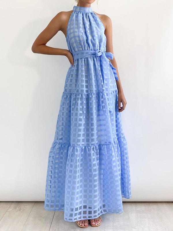 Loose Sleeveless Plaid Ribbed Stand Collar Maxi Dresses Product Image