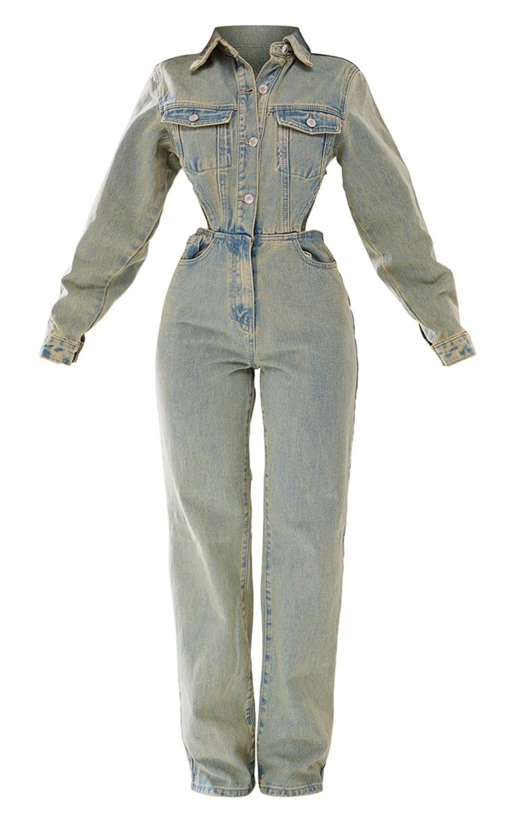 Petite Vintage Wash Denim Cut Out Waist Jumpsuit Product Image