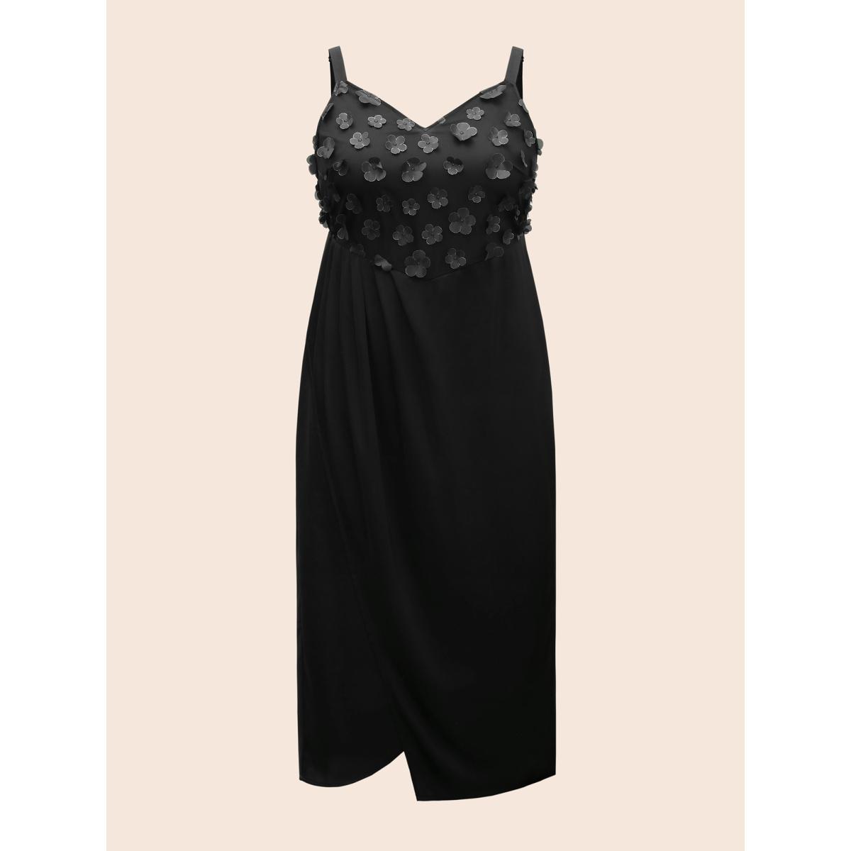 Plus Size Stereo Flower Design Split Hem Dress Black Women Cocktail Texture V-neck Sleeveless Curvy BloomChic 26/4X Product Image