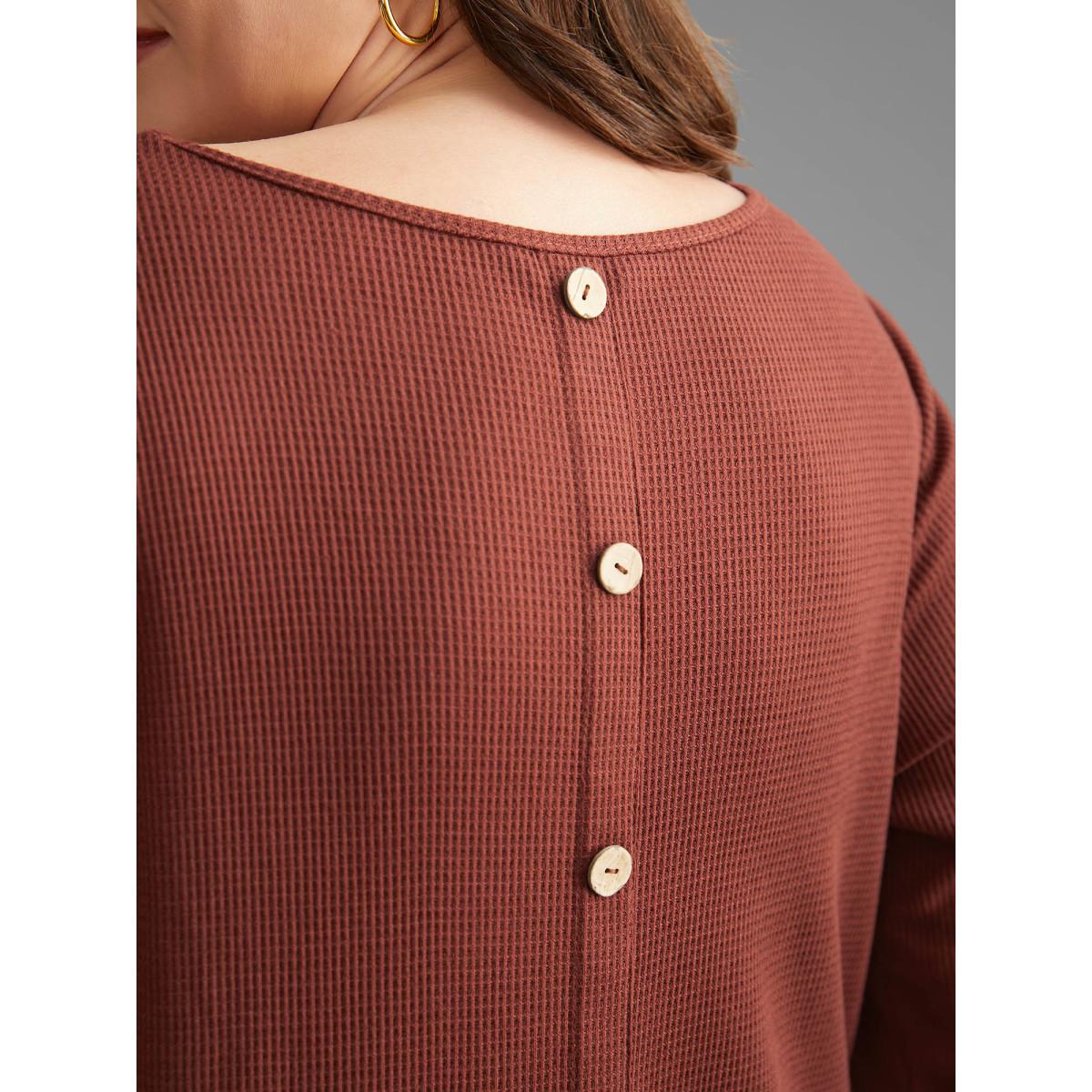 Plus Size Waffle Knit Button Detail Arc Hem T-shirt Rust Women Casual Texture Round Neck Everyday T-shirts BloomChic 12/L Product Image