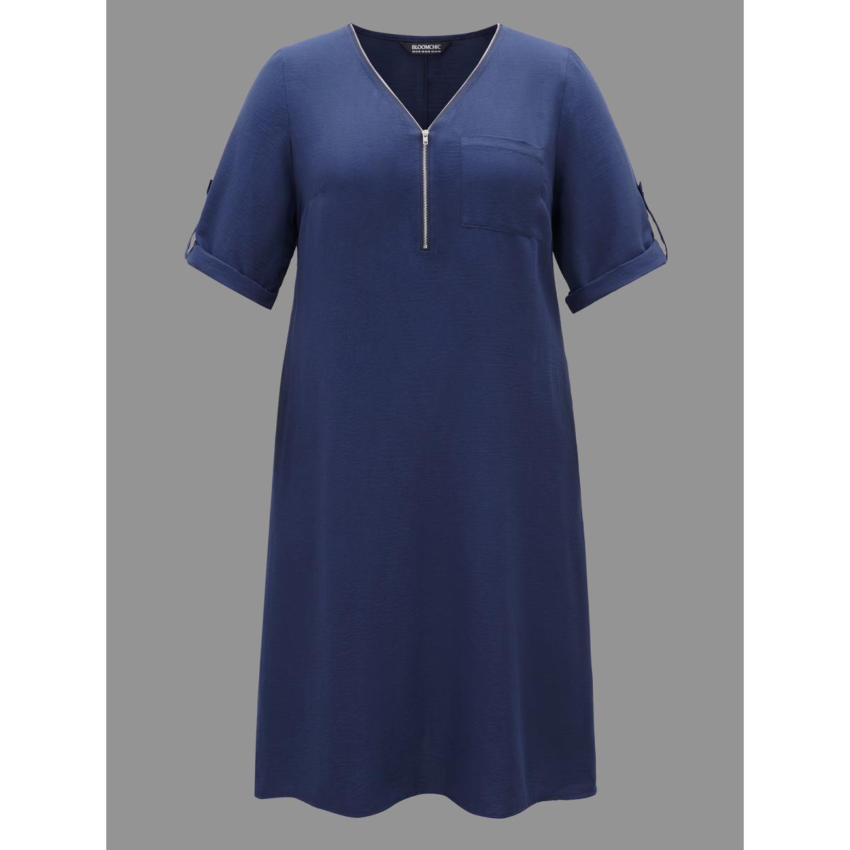 Plus Size Solid Half Zip Tab Sleeve Dress Navy Women At the Office Non V-neck Elbow-length sleeve Curvy BloomChic 12/L Product Image