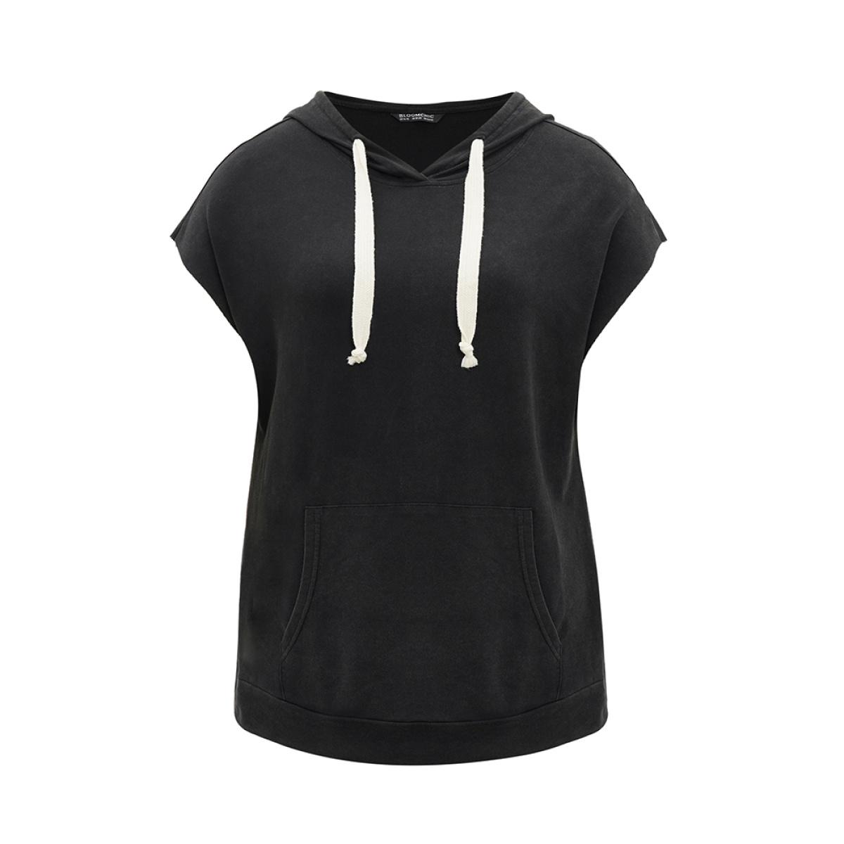 Plus Size Hooded Ties Pocket Batwing Sleeve T-shirt Black Women Casual Cross straps Plain Hooded Dailywear T-shirts BloomChic 10/M Product Image