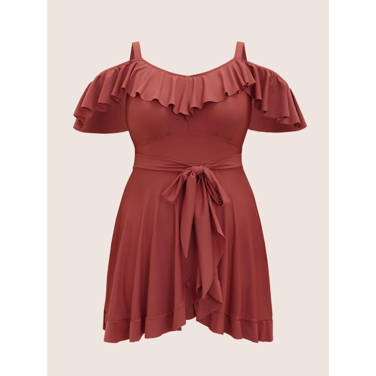 Plus Size Solid Cold Shoulder Ruffles Tie Knot Swim Dress Women's Swimwear Russet Beach Bodycon One-shoulder neck High stretch Curve Swim Dresses BloomChic 10/M Product Image