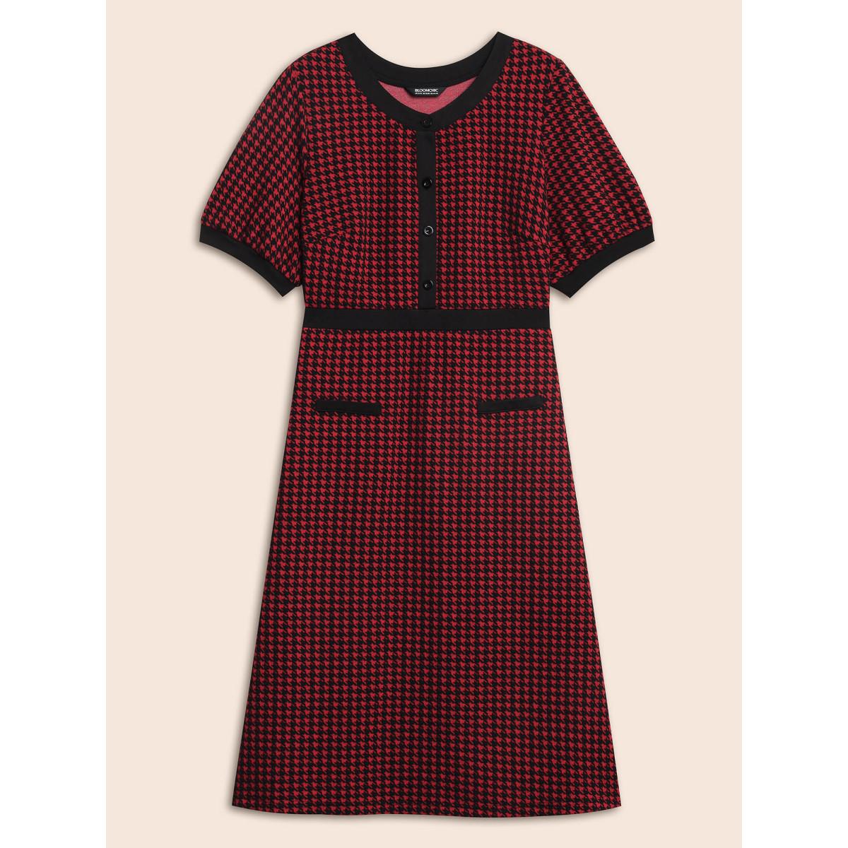 Plus Size Houndstooth Button Up Flap Detail Dress Scarlet Women Casual Contrast Round Neck Short sleeve Curvy BloomChic 18-20/2X Product Image