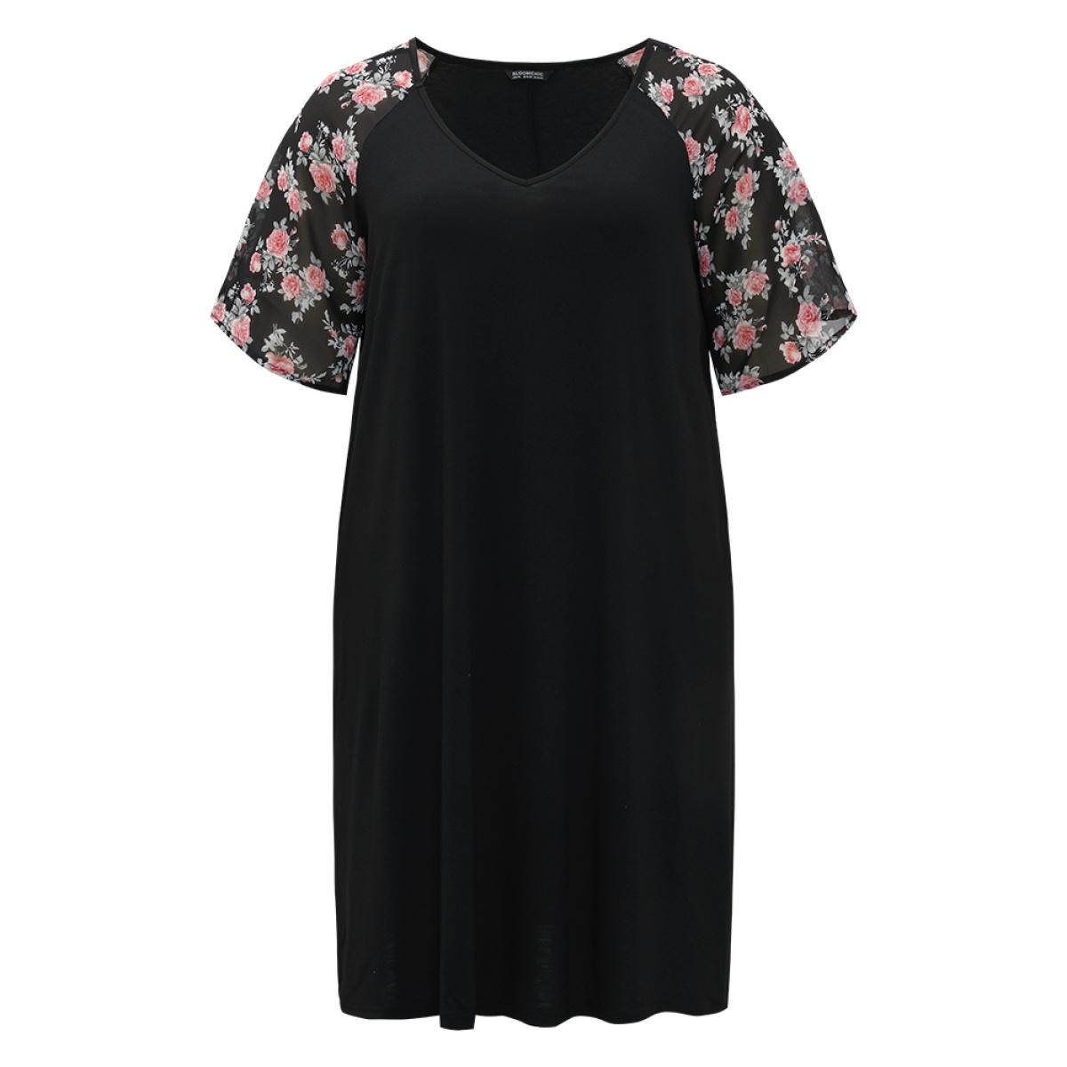 Plus Size Supersoft Essentials Floral Pocket Raglan Sleeve Midi Dress Black Women Casual Plain V-neck Short sleeve Curvy Midi Dress BloomChic 12/L Product Image