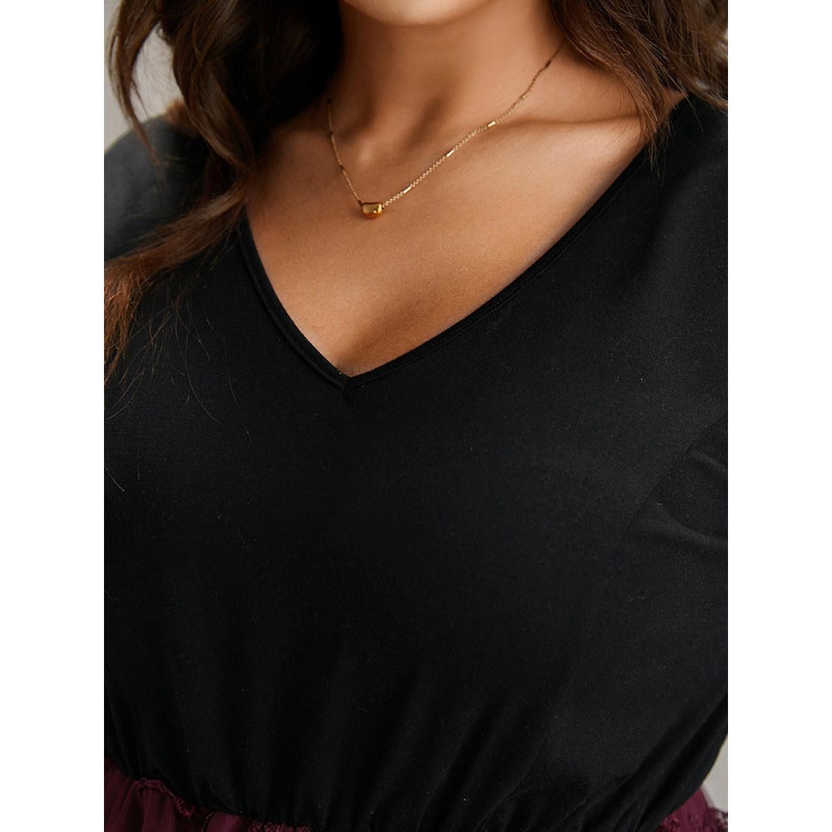 Plus Size Butterfly Graphic Patchwork Mesh Dress Burgundy Women Glamour See through V-neck Long Sleeve Curvy Midi Dress BloomChic 26/4X Product Image