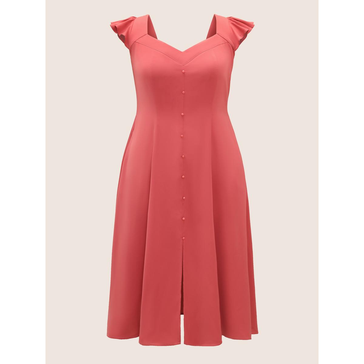 Plus Size Solid Ruffle Cap Sleeve Button Detail Midi Dress Russet Women Elegant Button Heart neckline Cap Sleeve Curvy BloomChic 10/M Product Image
