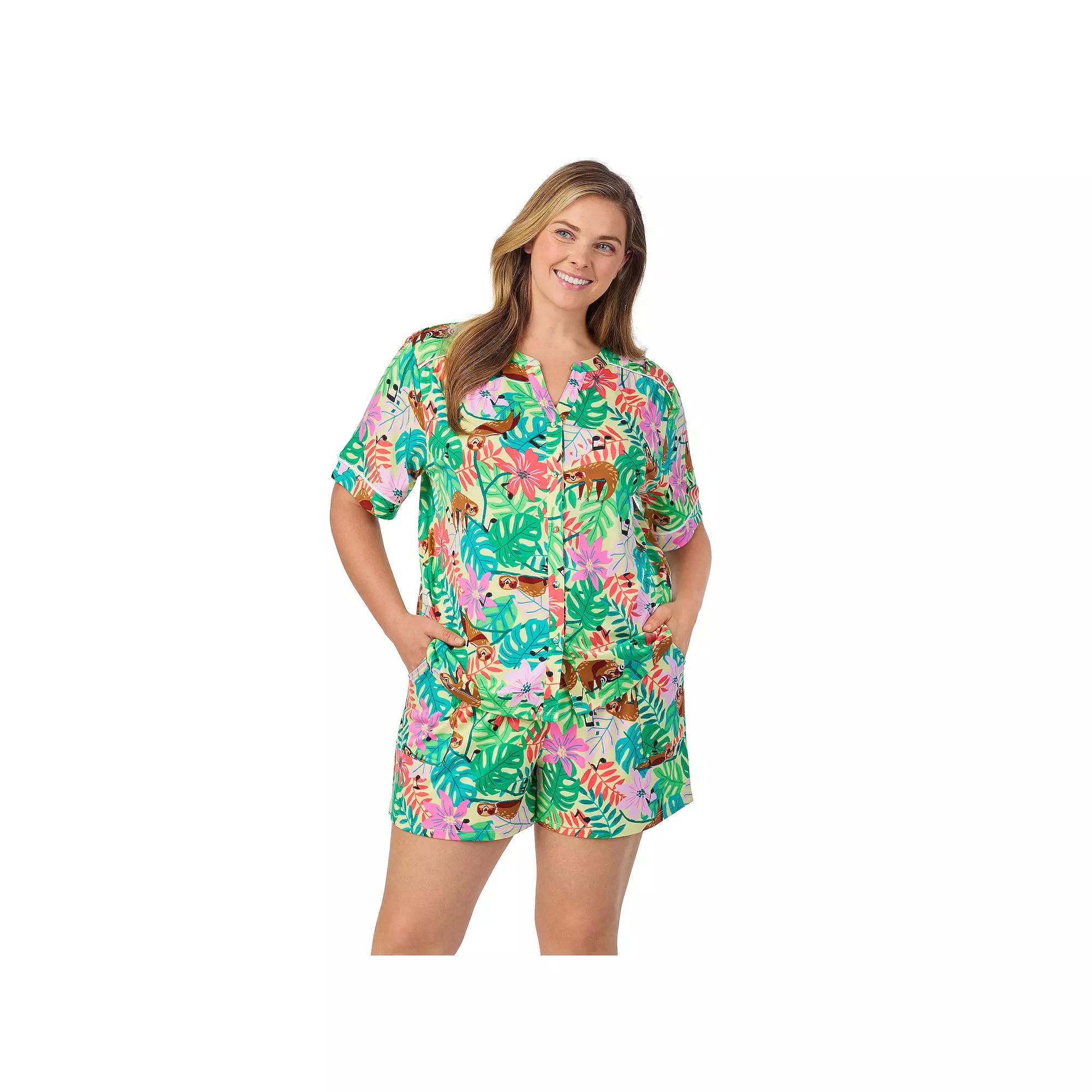 Plus Size Cuddl Duds® Short Sleeve Split Neck Pajama Top & Pajama Shorts Set, Women's, Size: 3XL, Yellow Sls Product Image