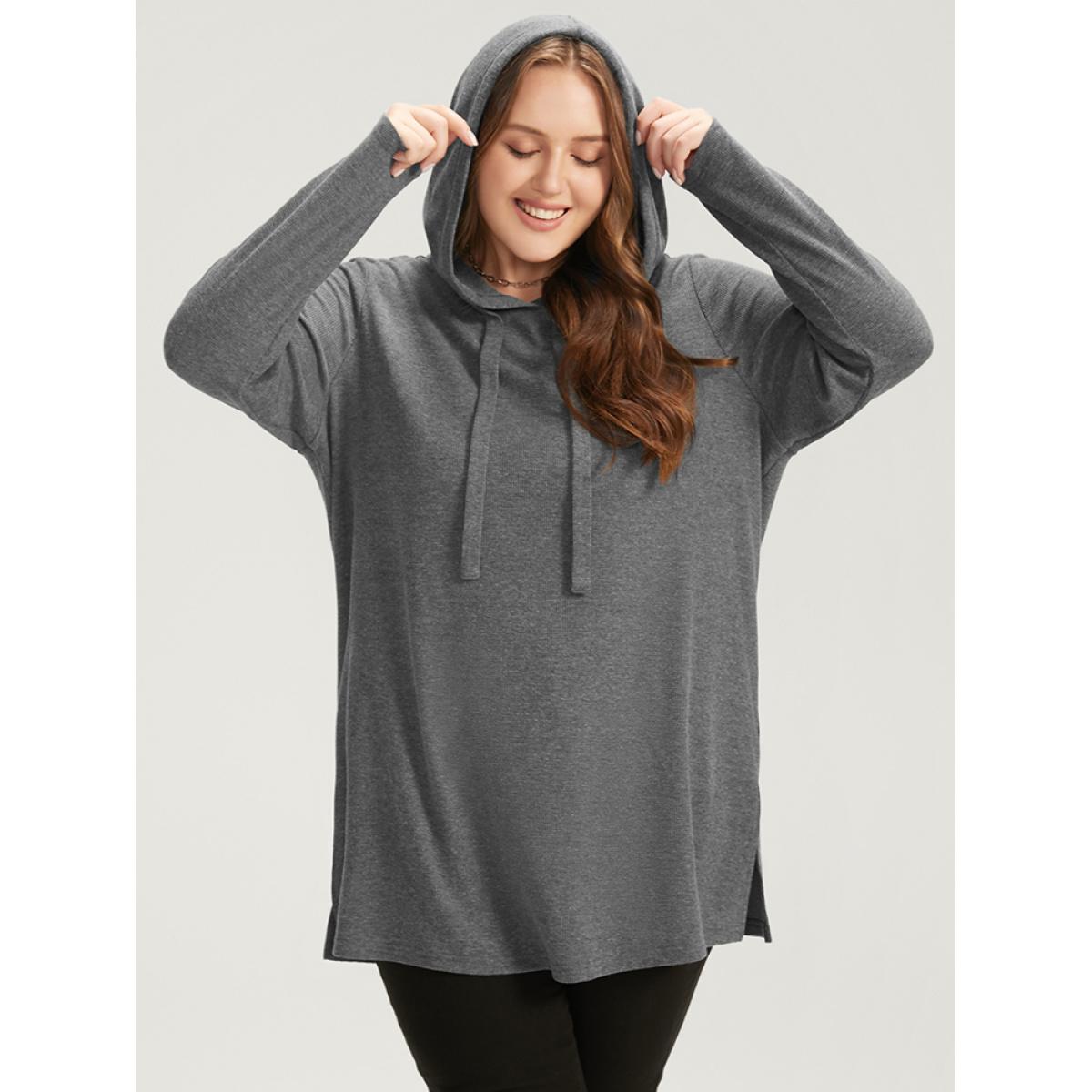 Plus Size Solid Drawstring Split Hem Hooded Sweatshirt Women DimGray Casual Hooded Dailywear Sweatshirts BloomChic 26/4X Product Image