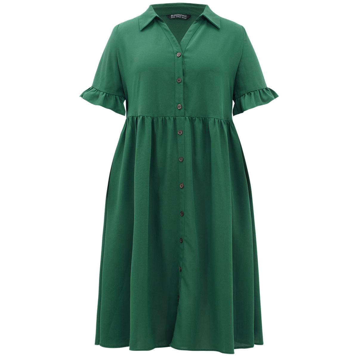 Plus Size Plain Ruffles Pocket Button Up Pleated Frill Trim Dress Emerald Women Casual Plain Lapel Collar Short sleeve Curvy Midi Dress BloomChic 28/5X Product Image