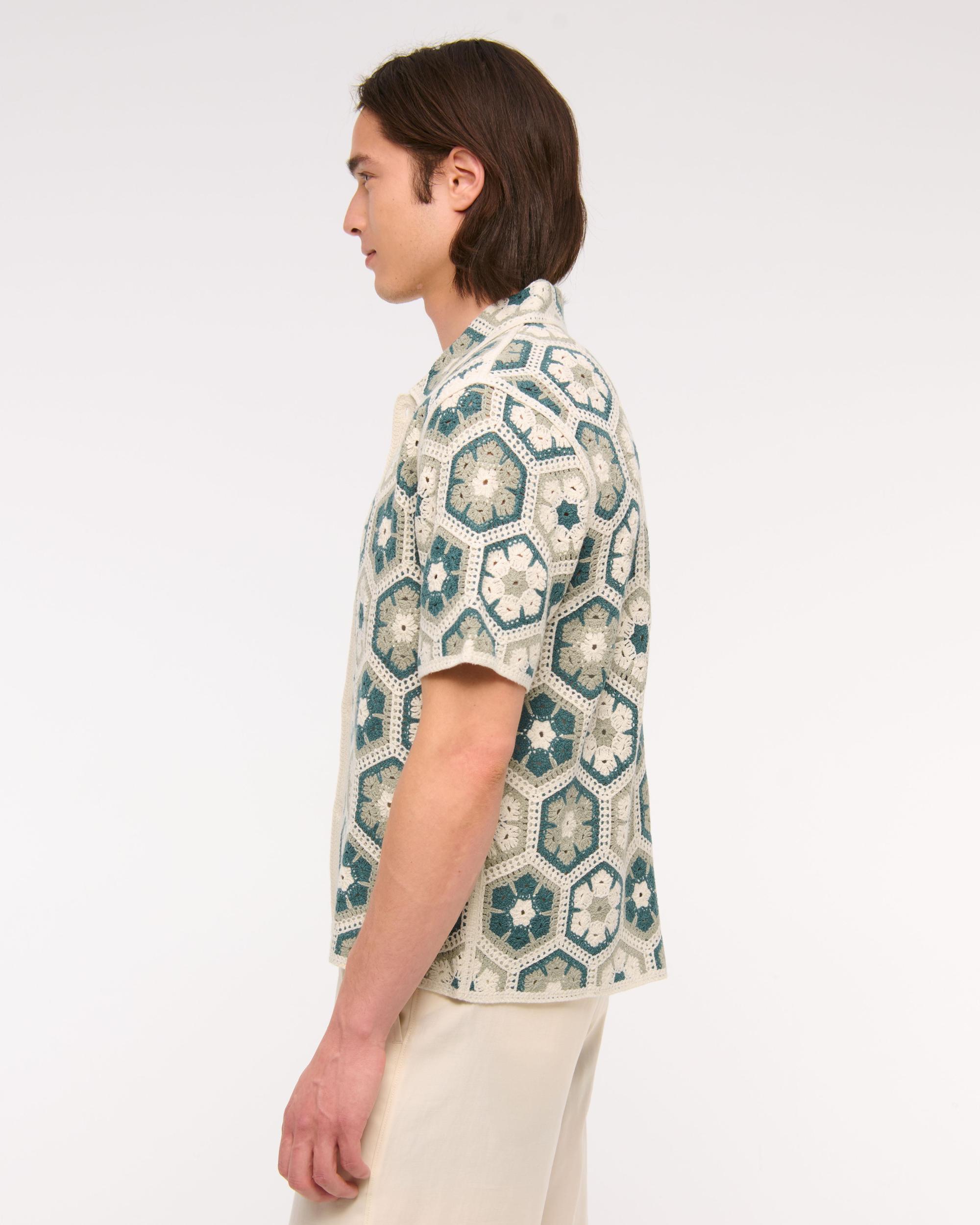 Crochet-Style Border Stripe Button-Through Sweater Polo Product Image