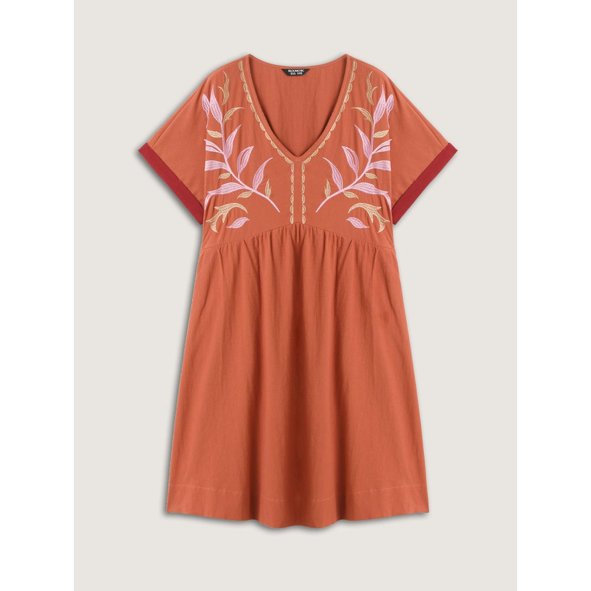Plus Size Cotton Leafy Embroidery Color Contrast Midi Dress OrangeRed Women Boho V-neck Short sleeve Curvy BloomChic 14-16/1X Product Image