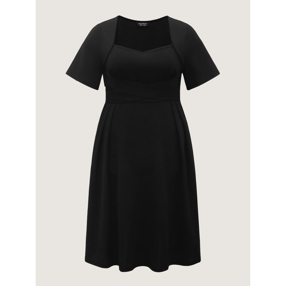 Plus Size Super Stretchy Overlap Waist Midi Dress Black Women Timeless Tie knot Heart neckline Short sleeve Curvy BloomChic 28/5X Product Image